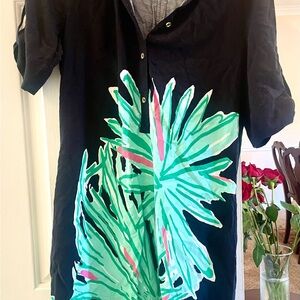 Lilly Pulitzer Black Dress with Green and Pink Palm Design